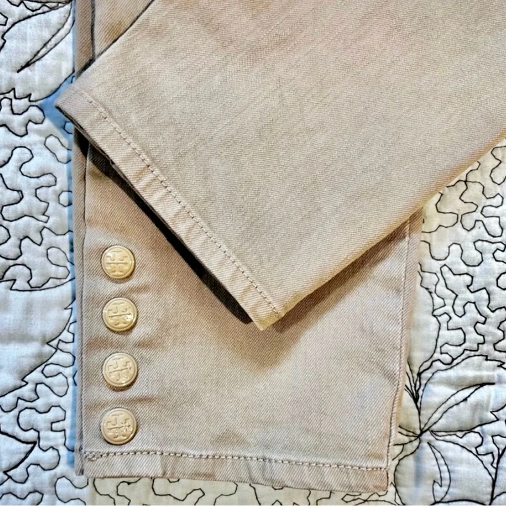 Tory Burch Emmy Beige Slim Ankle Pants Gold Snap Detail Stretch Sz 26💛
